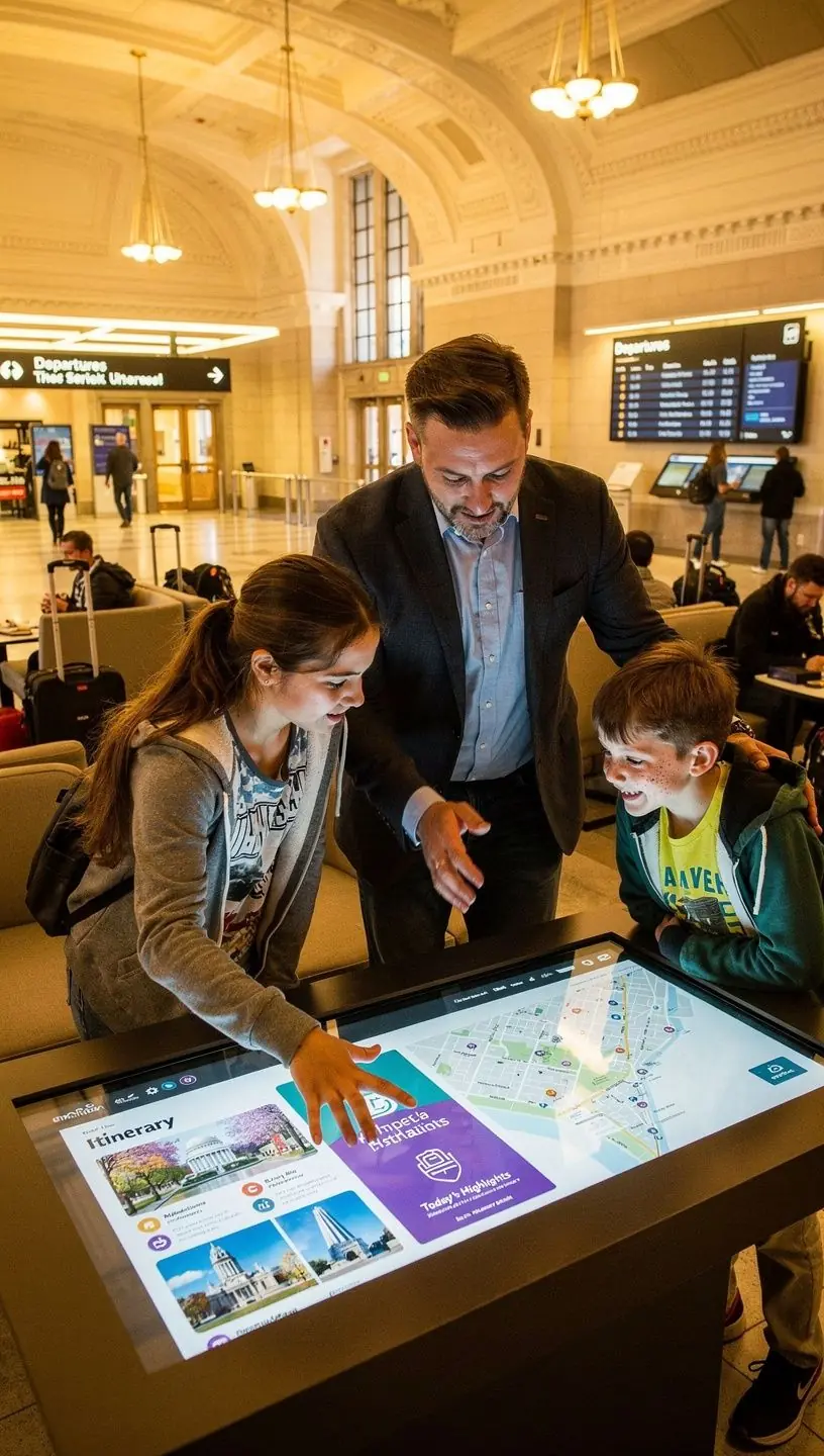 Пассажир использует сенсорный киоск для мгновенного бронирования билетов в комфортном лаунже.